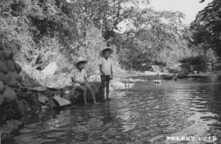 丹木町の谷地川で釣りをする子どもたち